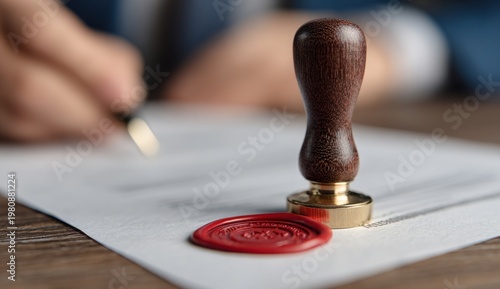 A wooden rubber stamp with a red ink pad on a white sheet of paper, used for stamping documents