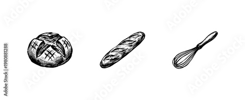 Bakery Ingredients and Bread Products in Hand-Drawn Inky Style with Fluid Doodle and Calligraphic Outlines