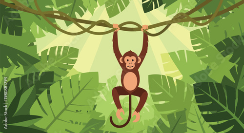 Flat style illustration of monkey hanging from vines in dense jungle with green leaves and sunlight, representing playful wildlife and tropical rainforest environment