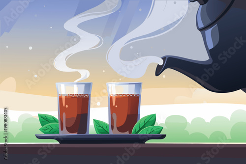 Arabic Tea Serving Scene Vector Illustration of w
