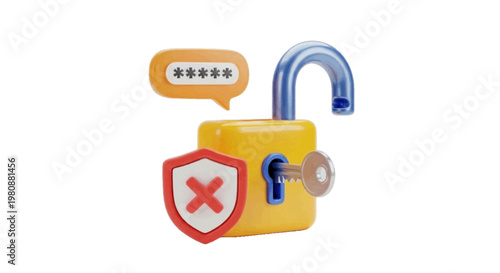Vector illustration of 3d illustration of an unlocked padlock with a password bubble and shield on a transparent background