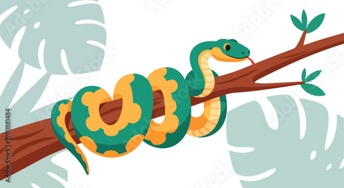 Flat style illustration of snake coiled on tree branch in jungle with leaves and shadow background, representing wildlife danger, reptile life, and tropical ecosystem