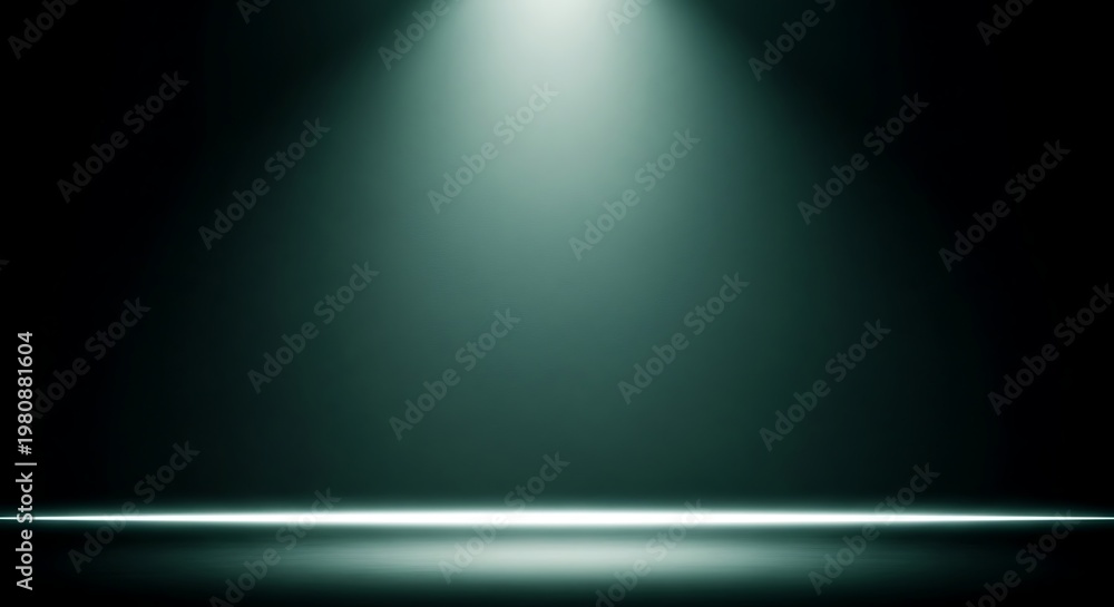 Naklejka premium A dark empty stage illuminated by a single bright overhead spotlight beam