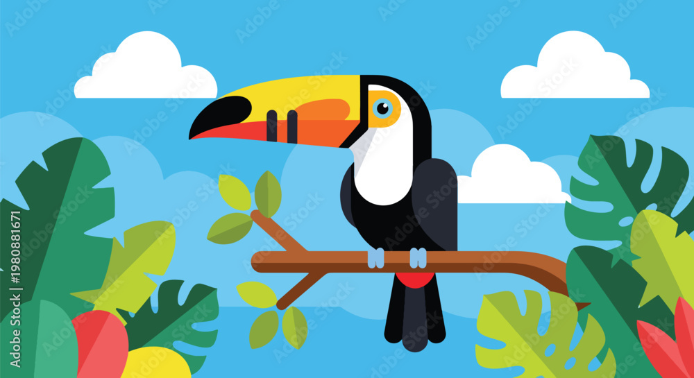 Obraz premium Flat style illustration of toucan bird on branch with tropical leaves and sky background, representing exotic wildlife, colorful nature, and rainforest ecosystem