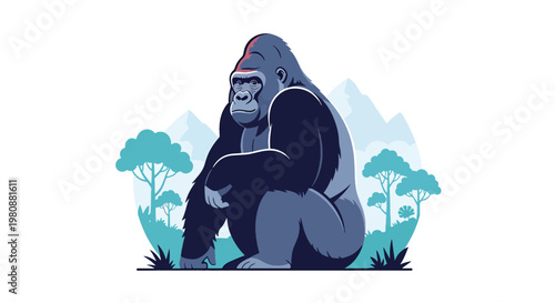 Flat style illustration of gorilla sitting in jungle clearing with trees and mountain background, representing wildlife strength, nature habitat, and conservation awareness