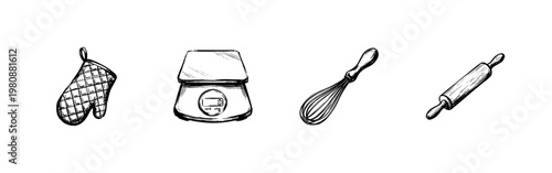 Kitchen Utensils and Cooking Equipment with Fluid Engraving Style in Hand-Drawn Sketchy Style