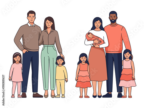 Diverse Happy Families Collection with Parents, Children and Newborn Baby. Multi-ethnic Family Portraits in Flat Vector Illustration Style Isolated on White Background.