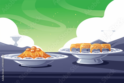 Arabic Dessert Serving Scene Vector Illustration