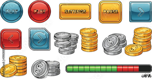 Glossy game UI kit with colorful buttons and gold coins, cartoon mobile gaming interface elements, shiny plastic play settings pause icons and health bar