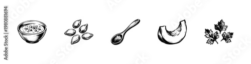 Pumpkin Soup Ingredients and Autumn Harvest Elements with Hand-Drawn Sketchy Line Art Doodlework and Organic Textures