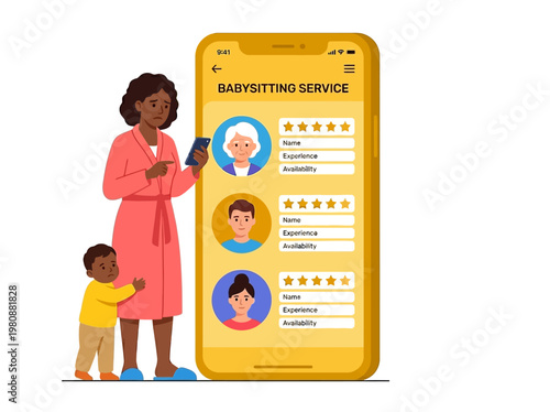 Stressed African American Mother Using Babysitting Service App to Find a Nanny for her Child