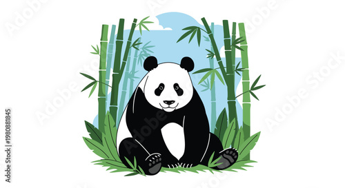 Flat style illustration of panda in bamboo forest with green leaves and soft sky, representing peaceful wildlife, conservation, and natural forest habitat