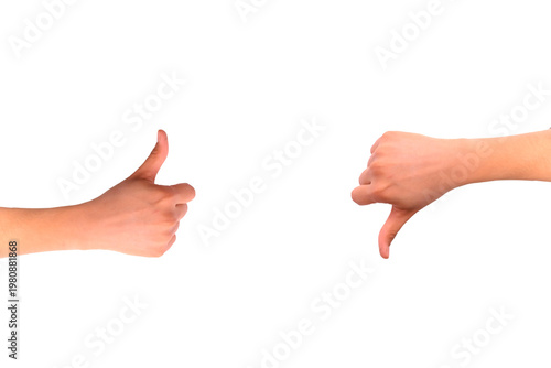 Konstfotografi Two hands showing thumbs up and thumbs down on white background symbolizing appr