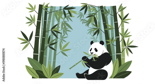 Flat style illustration of panda in bamboo forest with green leaves and soft sky, representing peaceful wildlife, conservation, and natural forest habitat