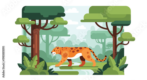 Flat style illustration of jaguar walking near river in jungle with trees and misty background, representing predator behavior and tropical wildlife ecosystem