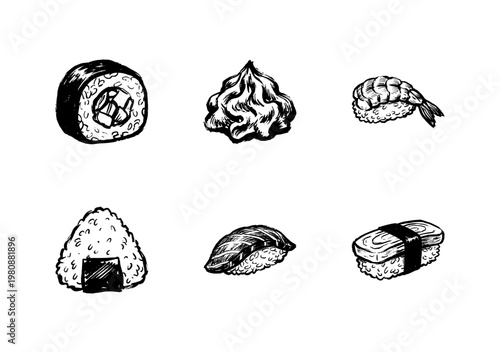 Japanese Sushi and Seafood Cuisine Delicacies with Hand-Drawn Inky Brush Strokes and Kawaii Character Aesthetic