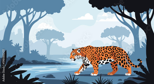 Flat style illustration of jaguar walking near river in jungle with trees and misty background, representing predator behavior and tropical wildlife ecosystem