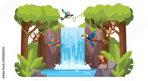 Flat style illustration of jungle waterfall with birds and monkeys around in lush forest background, representing tropical wildlife, nature beauty, and ecosystem life