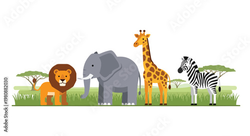 Flat style illustration of safari animal collection with lion, elephant, giraffe, and zebra in wide savanna background, representing wildlife diversity and nature