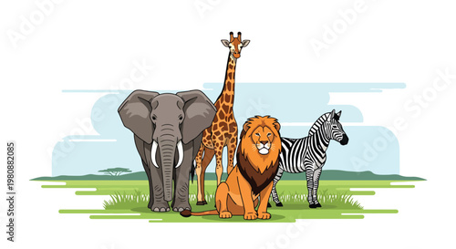 Flat style illustration of safari animal collection with lion, elephant, giraffe, and zebra in wide savanna background, representing wildlife diversity and nature
