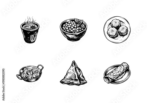 Indian Cuisine Food and Traditional Cooking Elements with Hand-Drawn Inky Doodle and Calligraphic Fluid Outlines