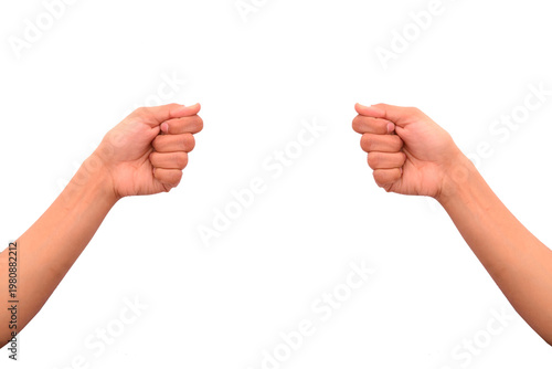 Two clenched fists raised in anger or defiance on white background
