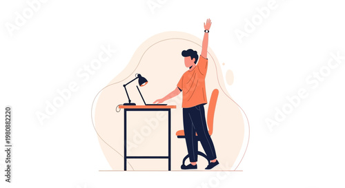 Man stretching at desk with laptop, work-life balance, healthy remote work