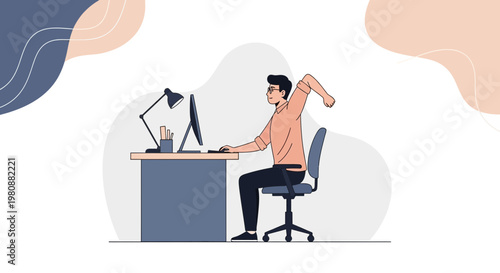 Man stretching at desk, office worker with back pain, computer work discomfort