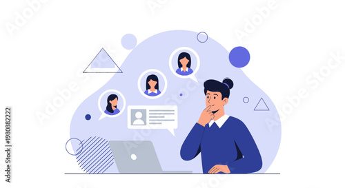 Man thinking about online communication and social networking with laptop and avatars