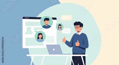 Man giving thumbs up during online meeting with colleagues on screen