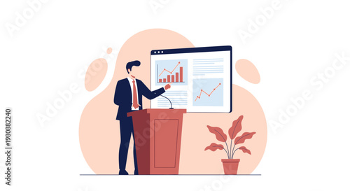 Man giving presentation with charts on screen, business meeting, seminar, data analysis