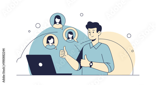 Man giving thumbs up during video call with colleagues, online communication concept