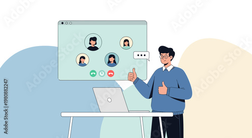 Man giving thumbs up during video conference call with colleagues on laptop screen