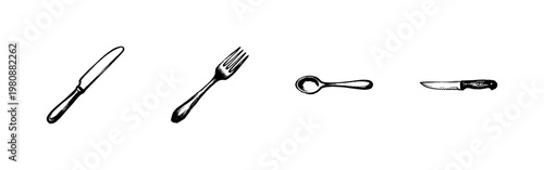 Kitchen Cutlery and Dining Silverware Utensils in Hand-Drawn Inky Doodle Style with Textured Sketchy Outlines and Expressive Hatching