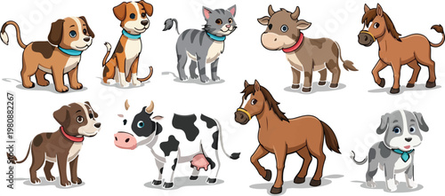 Cute cartoon animals collection with 9 vector characters, adorable farm and domestic pets set featuring dogs, cats, cows, and horses for children education