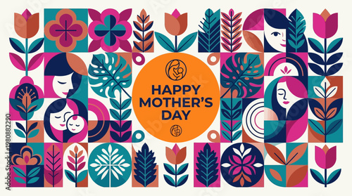 Modern Happy Mother's Day Greeting Card with Colorful Geometric Abstract Floral Patterns and Woman Silhouettes