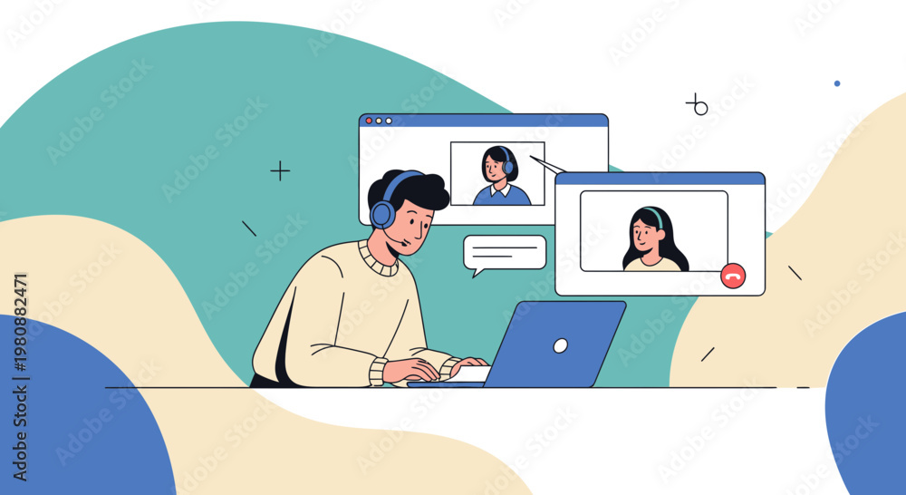 Obraz premium Man on video call with headphones and laptop, online communication concept