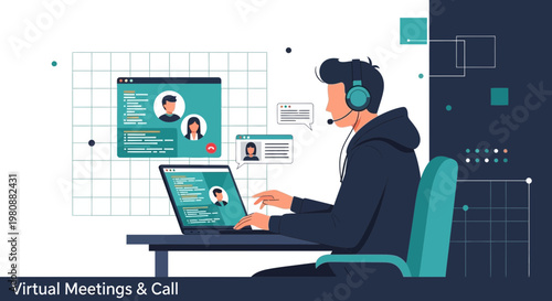 Man on video call using laptop, virtual meetings and online communication concept
