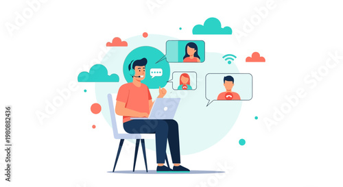 Man on video call with colleagues, remote work, online communication, business meeting