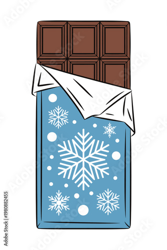 Chocolate bar with blue snowy wrapper partially unwrapped on white background