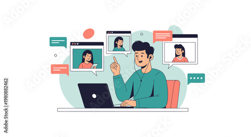 Man on video call with colleagues, remote work, online communication, teamwork concept