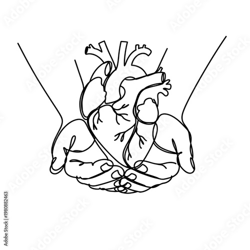 Hands holding a heart with lines radiating outward in a minimalist drawing