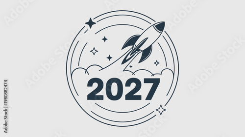 Rocket ship flying through clouds and stars in circle with year two thousand twenty seven