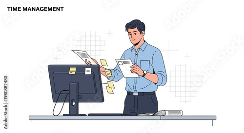 Man Organizing Tasks and Papers for Effective Time Management at Desk