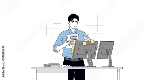 Man organizing tasks with sticky notes on computer screens, office workspace