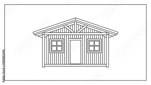 Simple line drawing of a small wooden house with roof and windows  illustration
