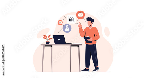 Man presenting business strategy with icons: charts, lock, calendar, email