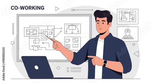 Man presenting co-working space plans on whiteboard with laptop