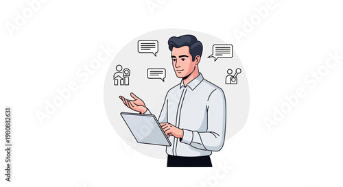 Man presenting data and communication icons on a laptop, business concept