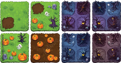 Halloween game tiles set with spooky graveyard elements, cartoon isometric ground blocks for mobile gaming, creepy forest and pumpkin patch level design